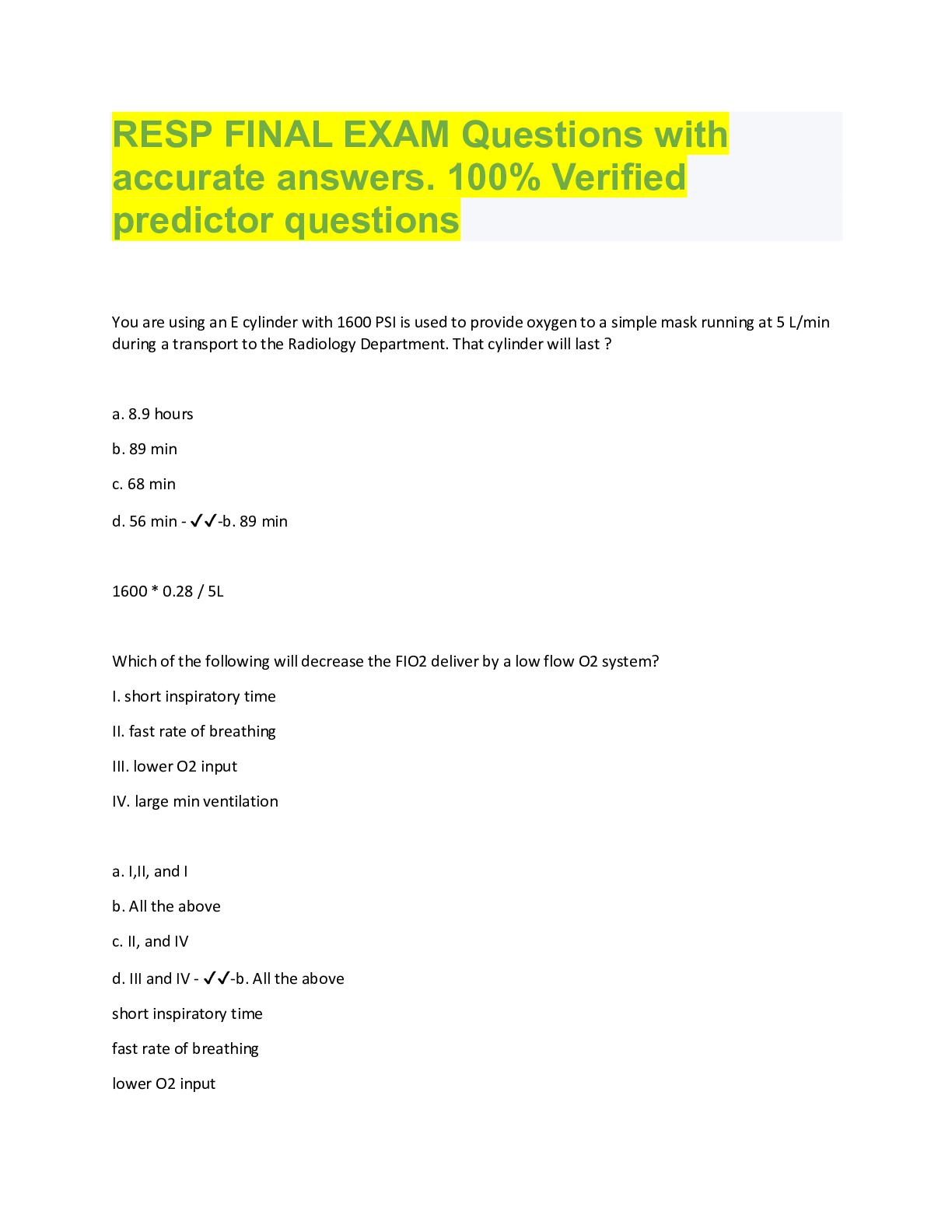 Preview image for RESP FINAL EXAM Questions with  accurate answers. 100% Verified  predictor questions